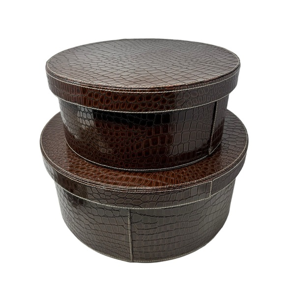 2 Vintage Faux Croc Brown Animal Print Round Hat Stackable Storage - Picture 10 of 10